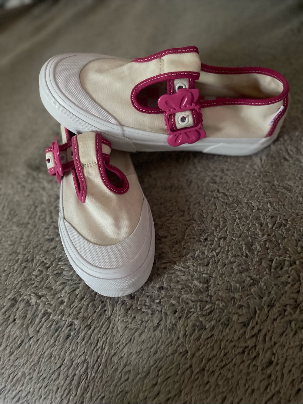 Vans Kids Cream Canvas Mary Janes with Pink Trim